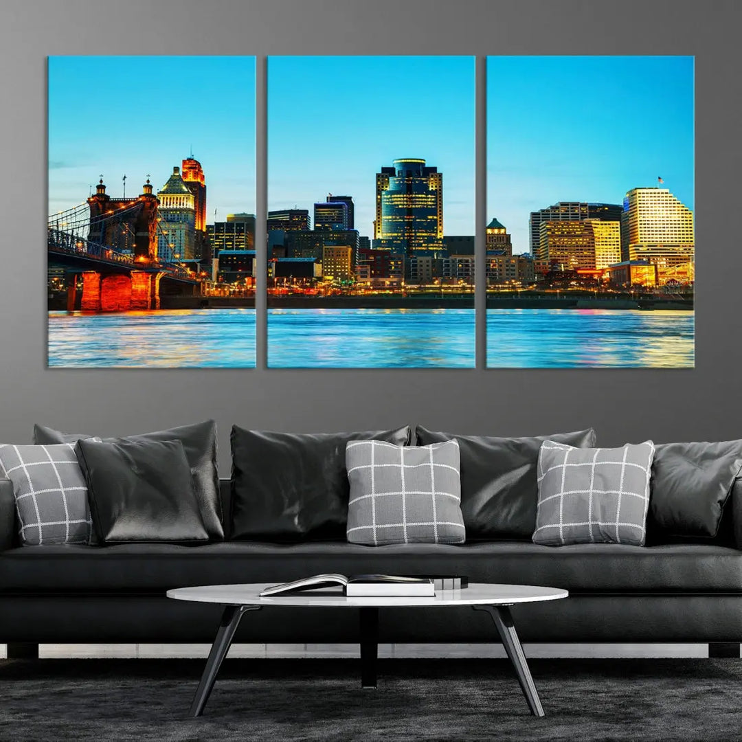 Large Cincinnati City Blue Skyline Cityscape Wall Art Canvas Print