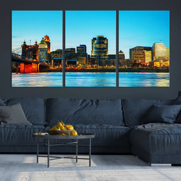 Large Cincinnati City Blue Skyline Cityscape Wall Art Canvas Print