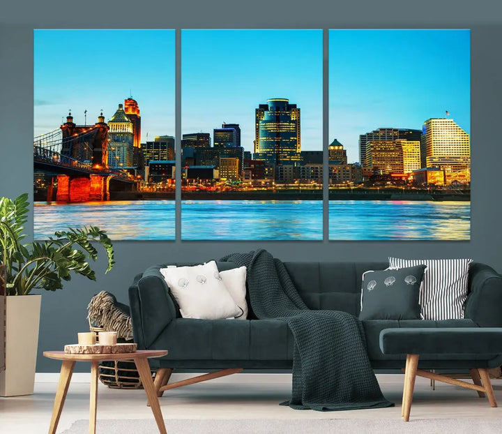 Large Cincinnati City Blue Skyline Cityscape Wall Art Canvas Print