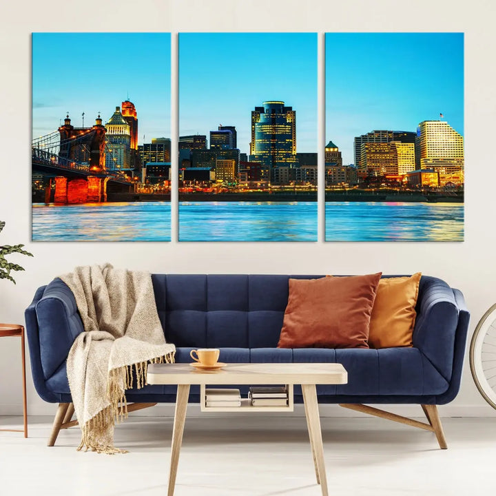 Large Cincinnati City Blue Skyline Cityscape Wall Art Canvas Print