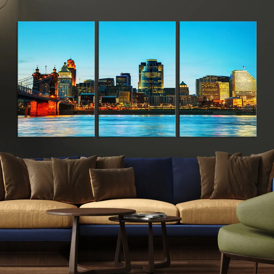 Large Cincinnati City Blue Skyline Cityscape Wall Art Canvas Print