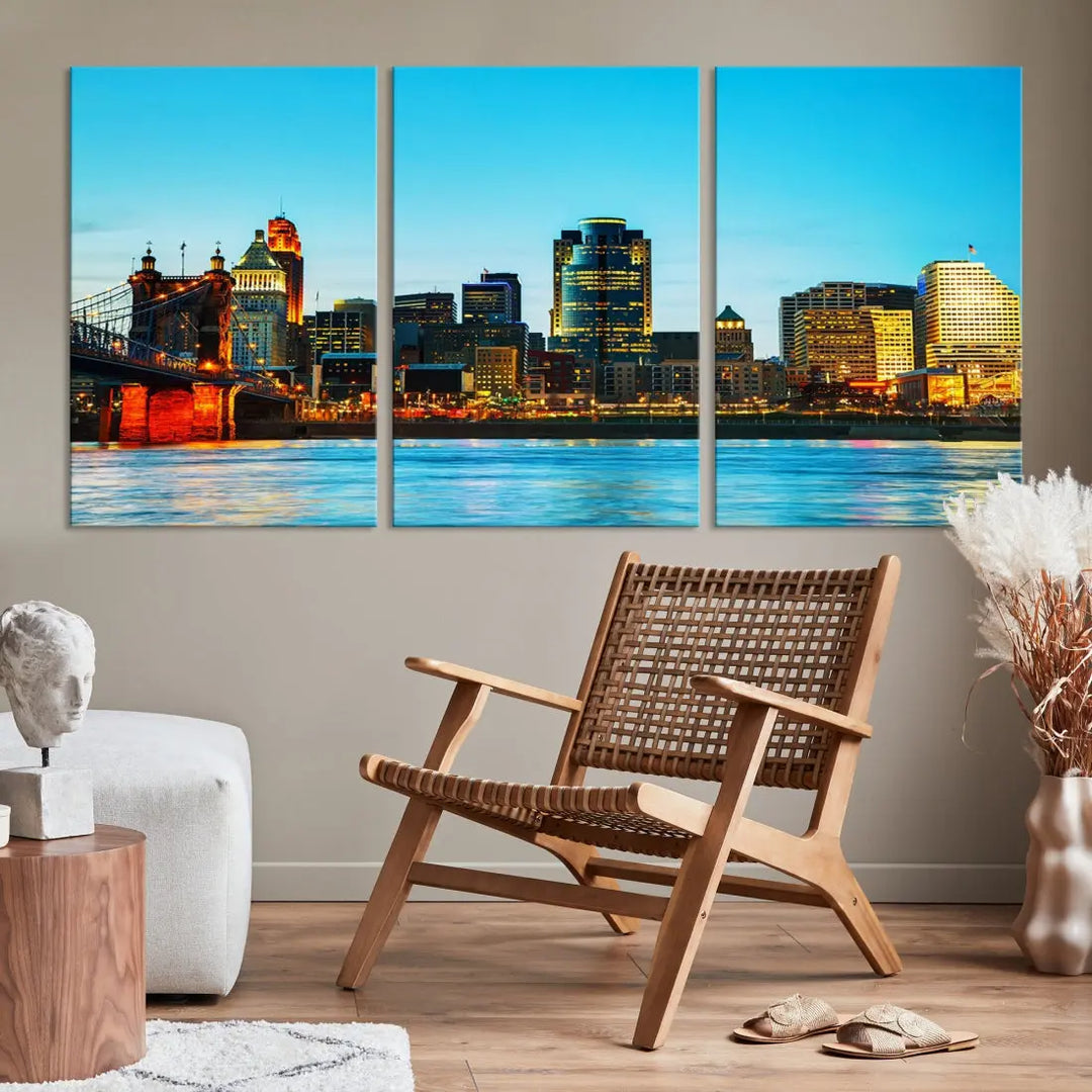 Large Cincinnati City Blue Skyline Cityscape Wall Art Canvas Print