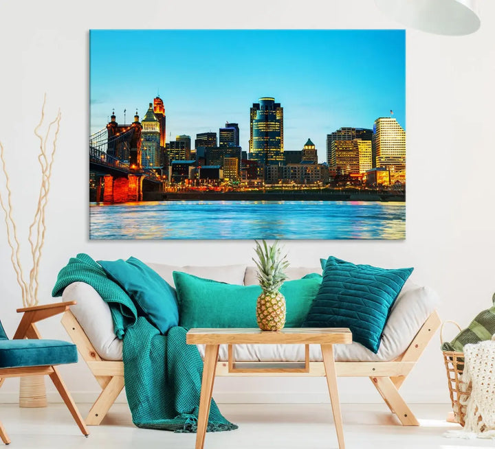 Large Cincinnati City Blue Skyline Cityscape Wall Art Canvas Print