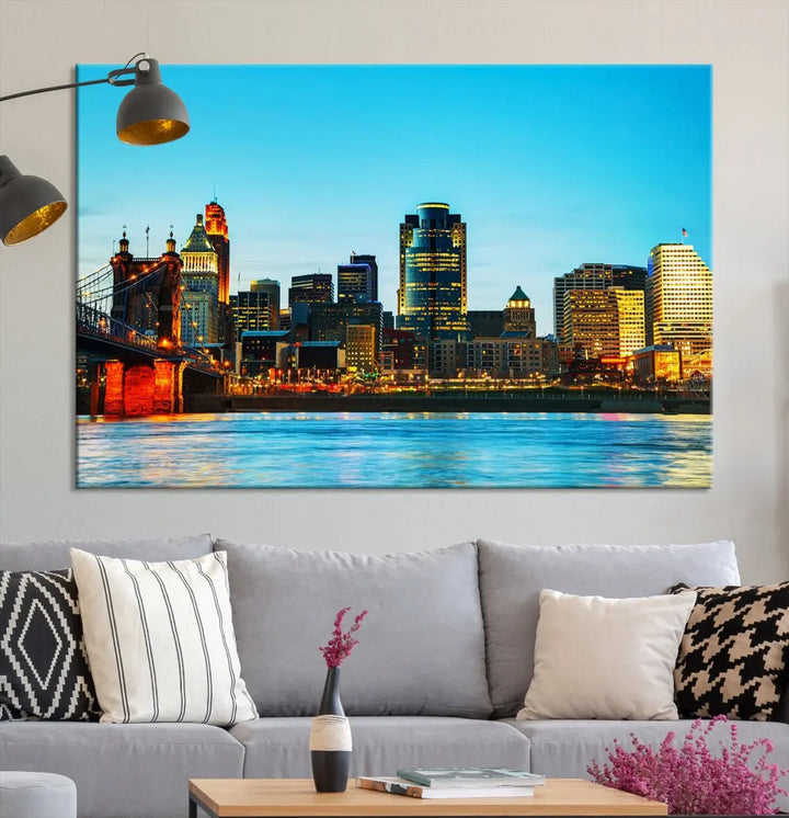 Large Cincinnati City Blue Skyline Cityscape Wall Art Canvas Print