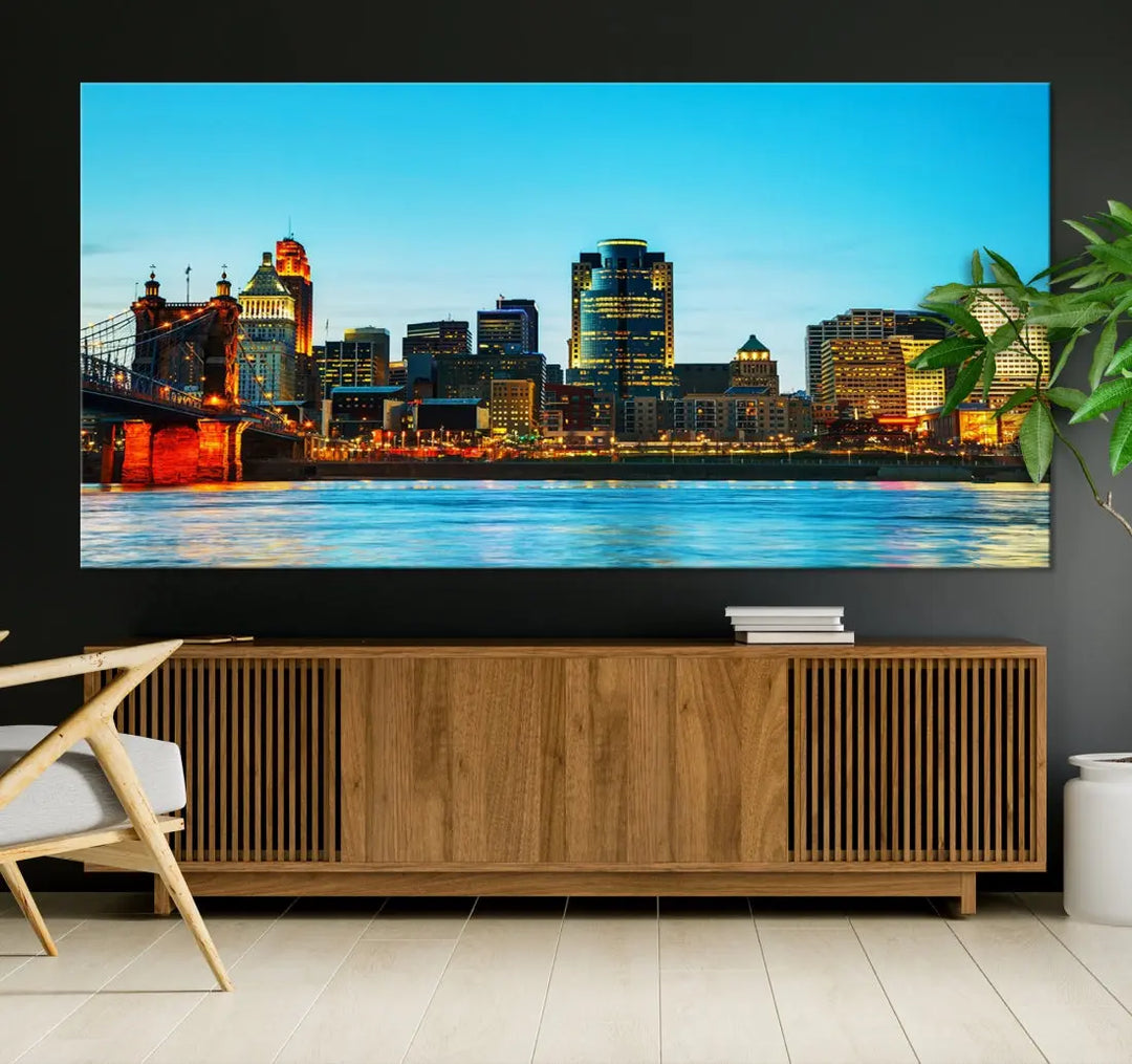 Large Cincinnati City Blue Skyline Cityscape Wall Art Canvas Print