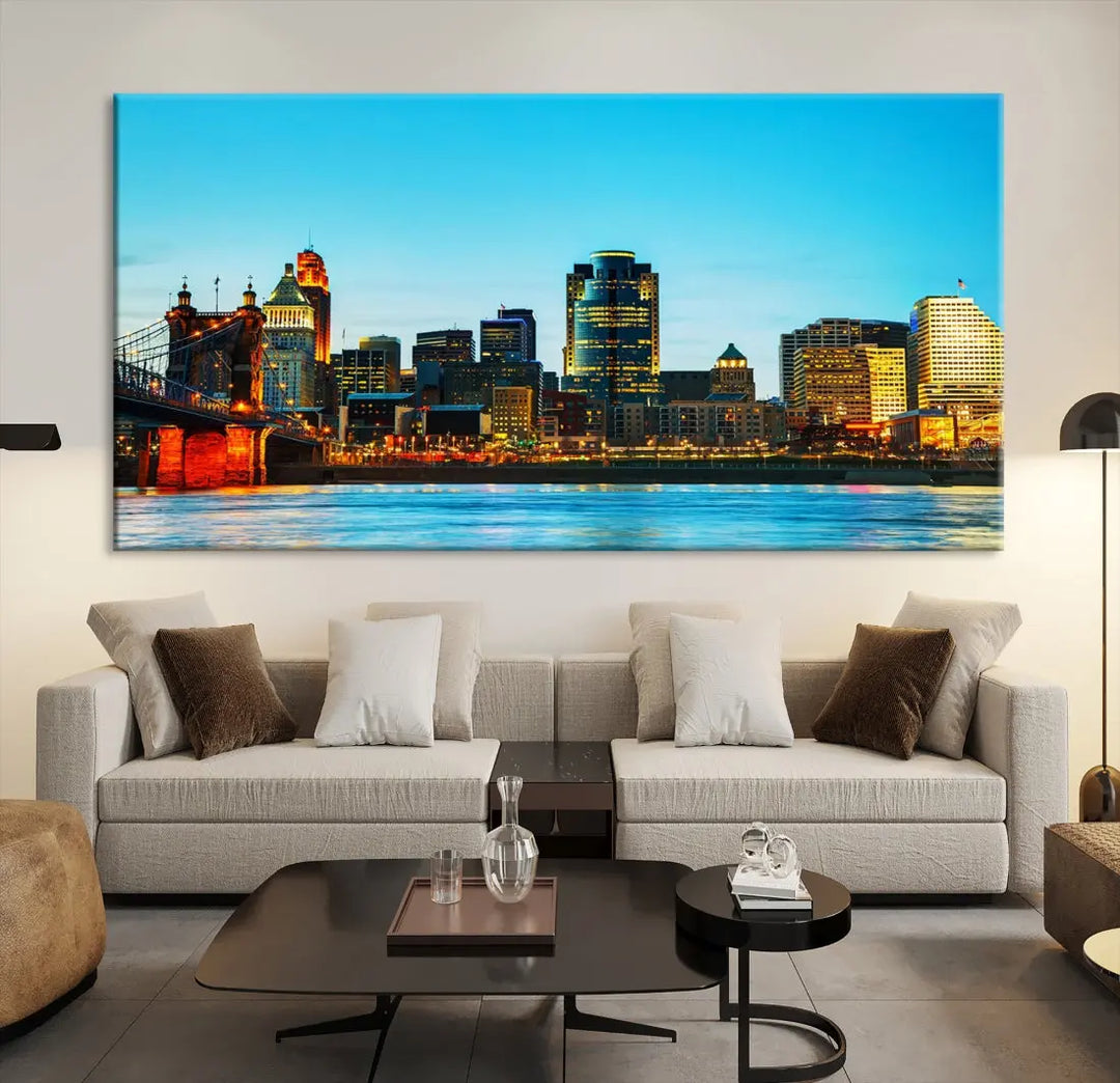 Large Cincinnati City Blue Skyline Cityscape Wall Art Canvas Print