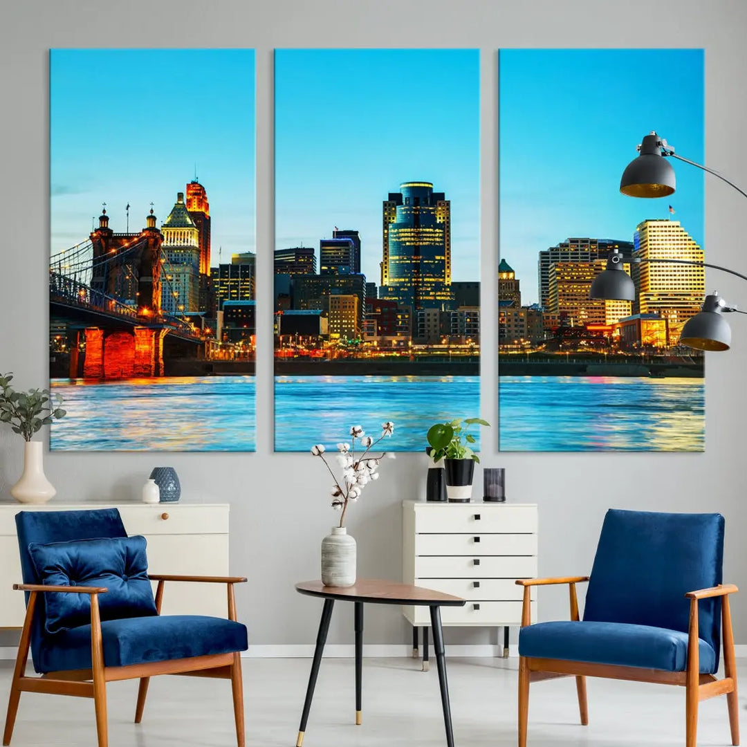 Large Cincinnati City Blue Skyline Cityscape Wall Art Canvas Print