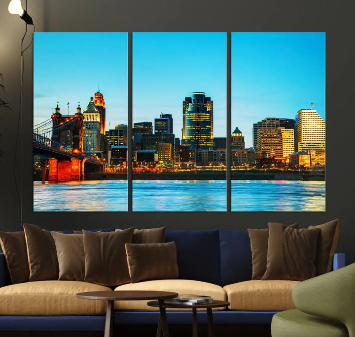 Large Cincinnati City Blue Skyline Cityscape Wall Art Canvas Print