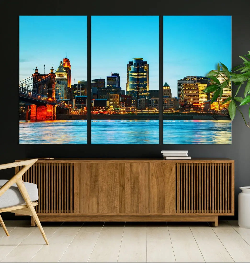 Large Cincinnati City Blue Skyline Cityscape Wall Art Canvas Print