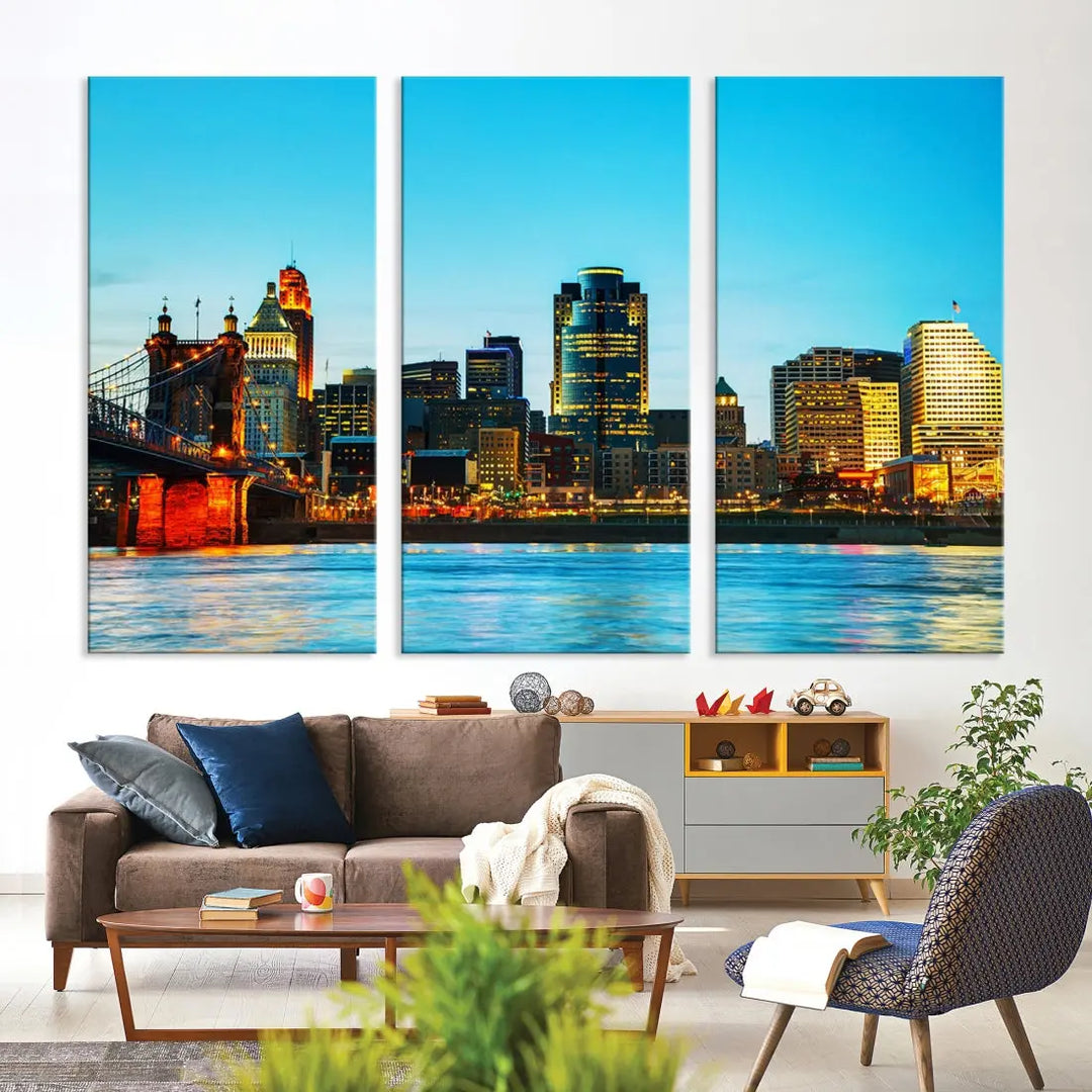 Large Cincinnati City Blue Skyline Cityscape Wall Art Canvas Print