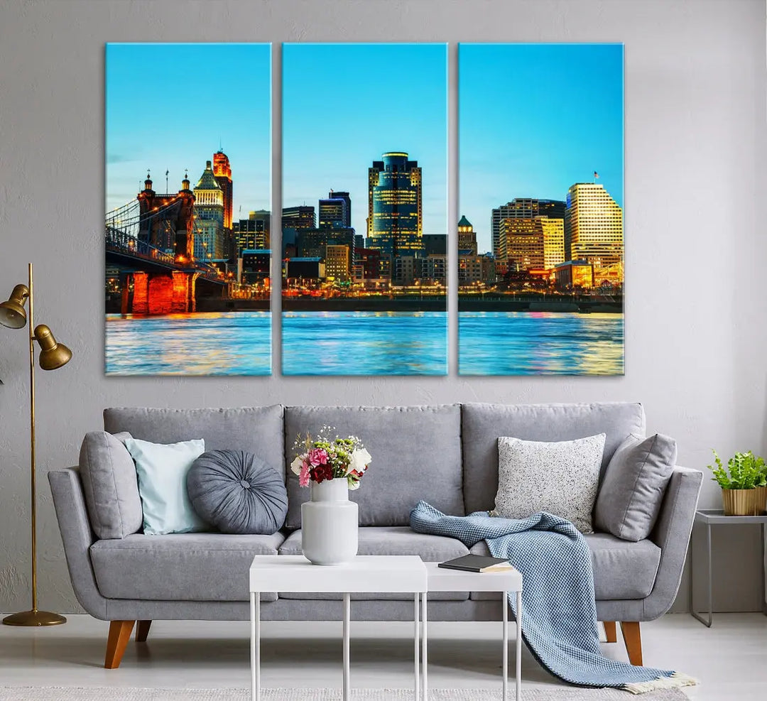 Large Cincinnati City Blue Skyline Cityscape Wall Art Canvas Print