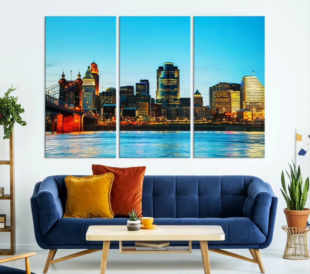 Large Cincinnati City Blue Skyline Cityscape Wall Art Canvas Print