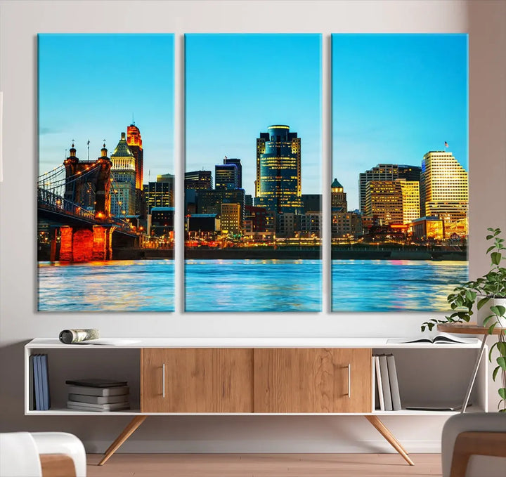 Large Cincinnati City Blue Skyline Cityscape Wall Art Canvas Print