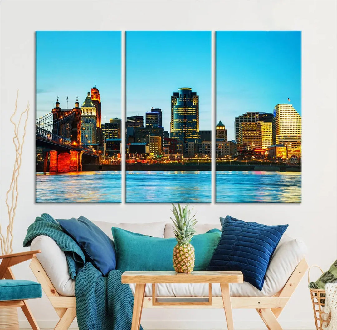 Large Cincinnati City Blue Skyline Cityscape Wall Art Canvas Print