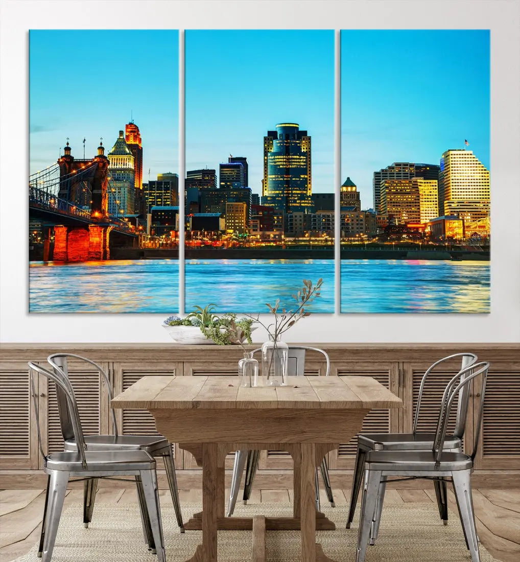 Large Cincinnati City Blue Skyline Cityscape Wall Art Canvas Print