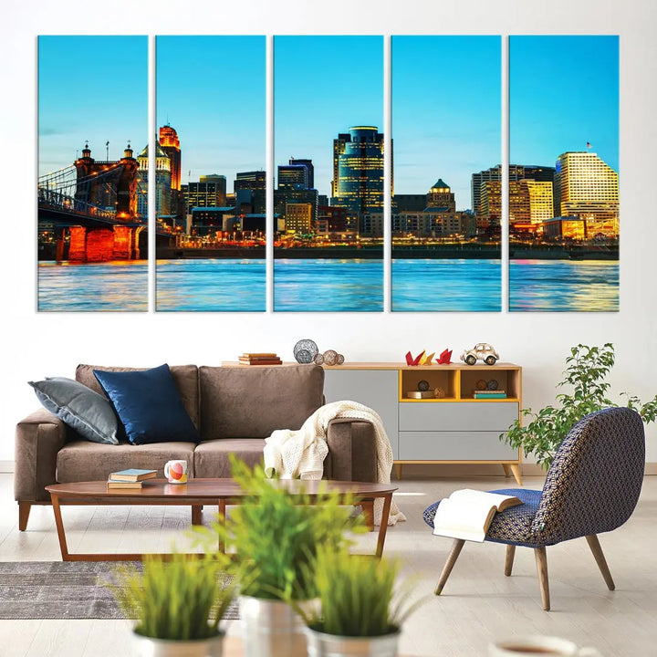 Large Cincinnati City Blue Skyline Cityscape Wall Art Canvas Print