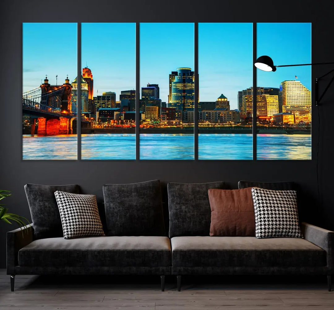 Large Cincinnati City Blue Skyline Cityscape Wall Art Canvas Print