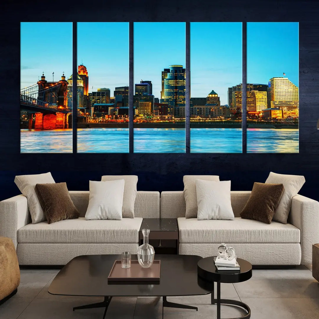 Large Cincinnati City Blue Skyline Cityscape Wall Art Canvas Print