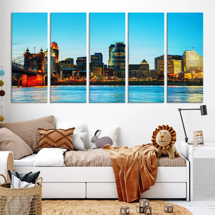 Large Cincinnati City Blue Skyline Cityscape Wall Art Canvas Print