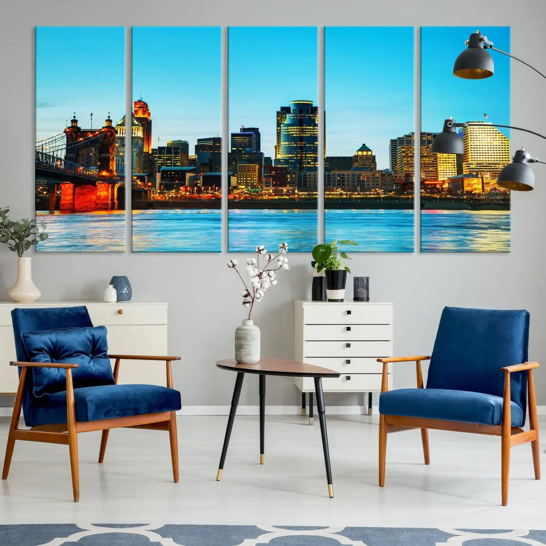 Large Cincinnati City Blue Skyline Cityscape Wall Art Canvas Print