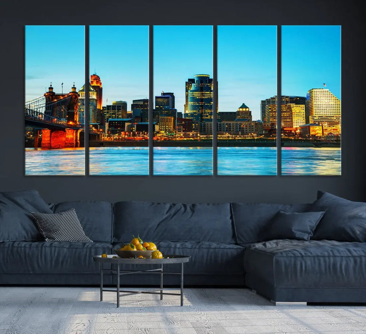 Large Cincinnati City Blue Skyline Cityscape Wall Art Canvas Print