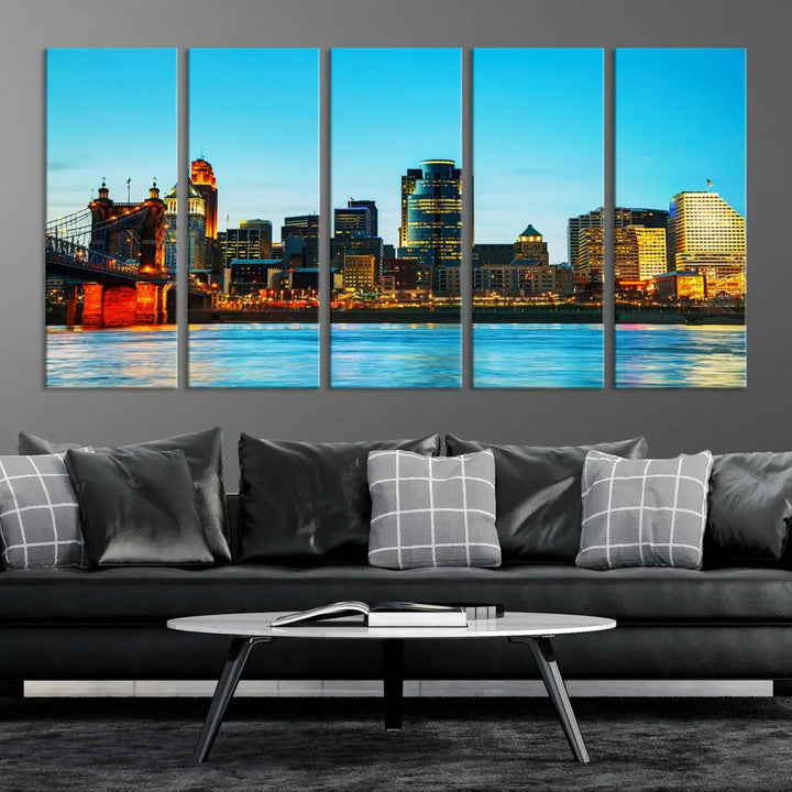 Large Cincinnati City Blue Skyline Cityscape Wall Art Canvas Print