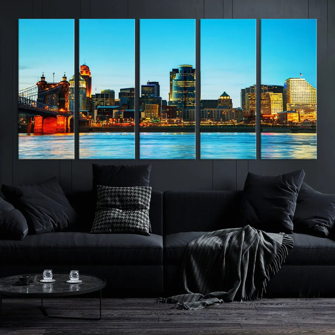 Large Cincinnati City Blue Skyline Cityscape Wall Art Canvas Print