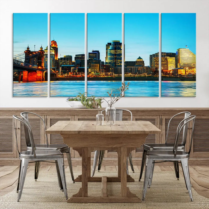 Large Cincinnati City Blue Skyline Cityscape Wall Art Canvas Print