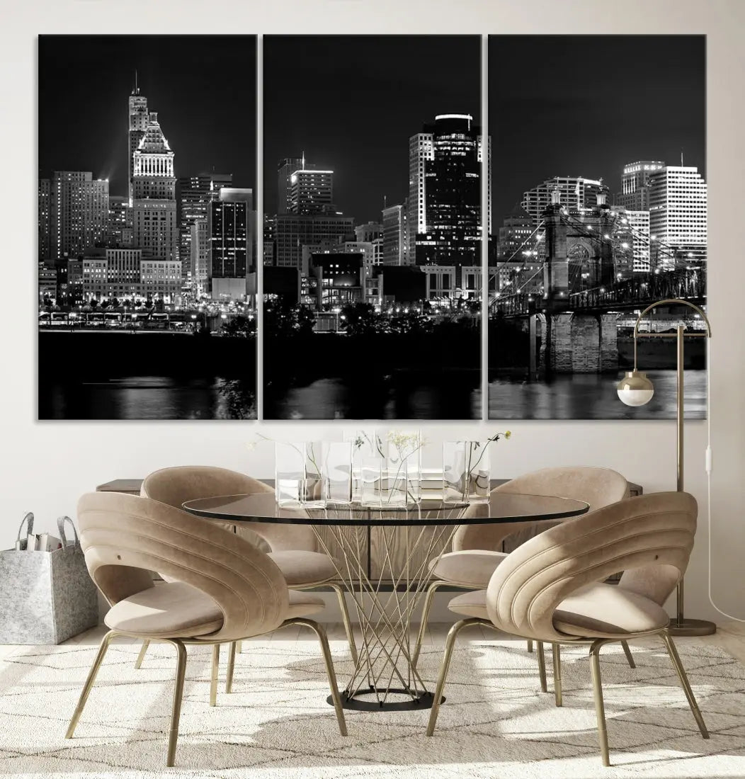 Large Cincinnati Night Skyline Wall Art Print Cityscape Canvas Wall Decor