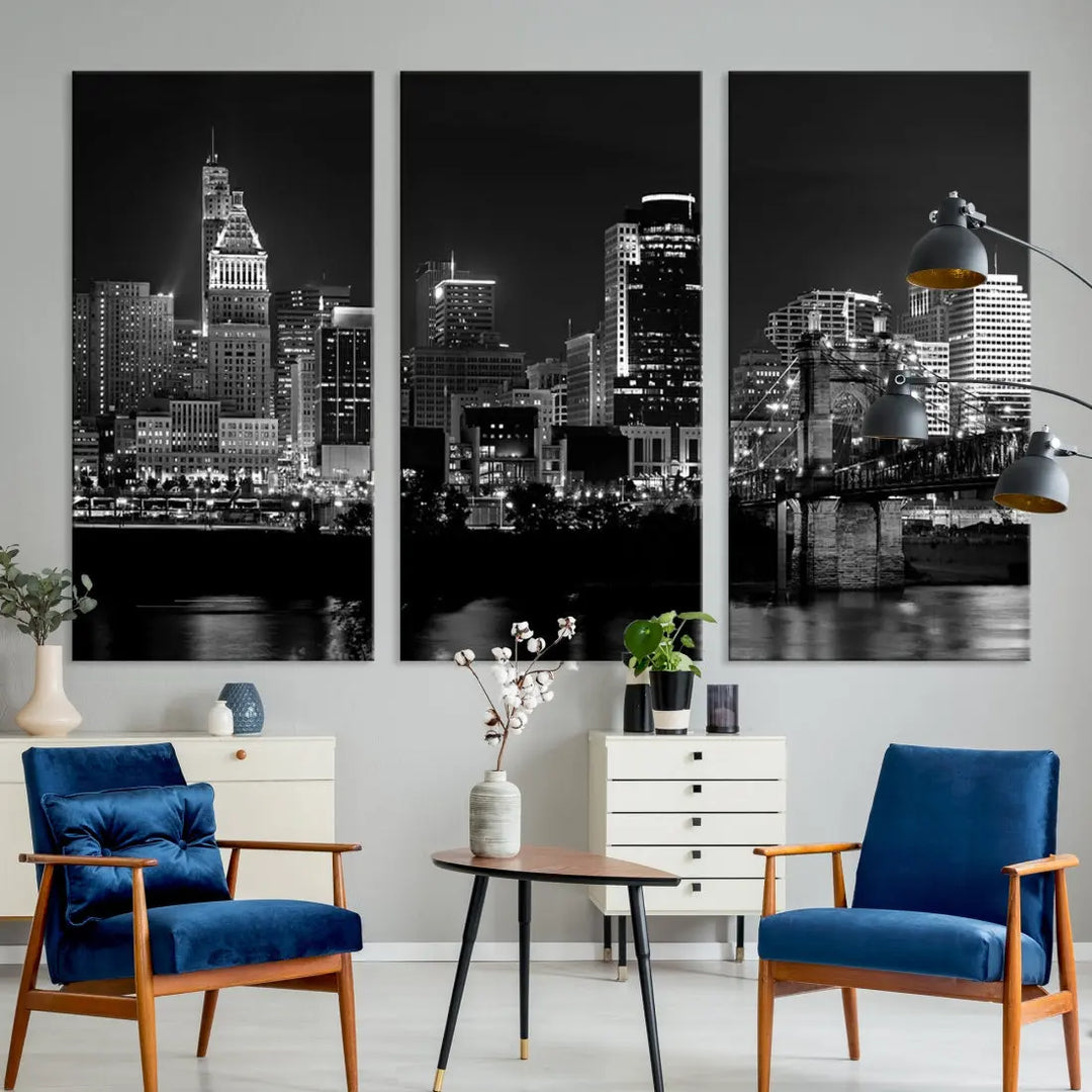 Large Cincinnati Night Skyline Wall Art Print Cityscape Canvas Wall Decor