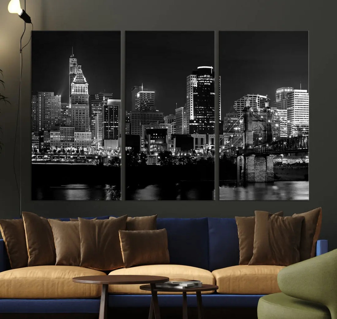 Large Cincinnati Night Skyline Wall Art Print Cityscape Canvas Wall Decor