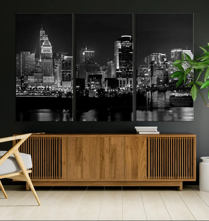 Large Cincinnati Night Skyline Wall Art Print Cityscape Canvas Wall Decor