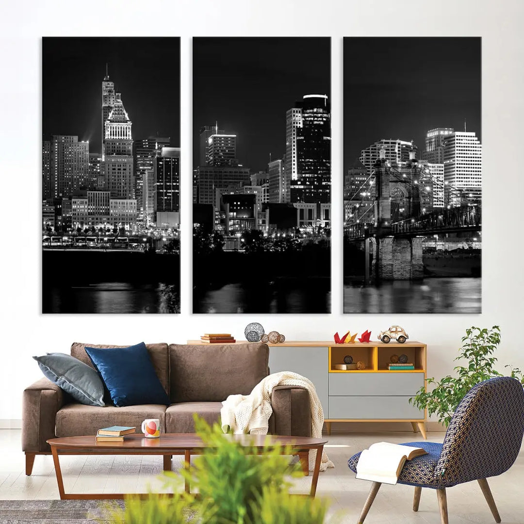 Large Cincinnati Night Skyline Wall Art Print Cityscape Canvas Wall Decor