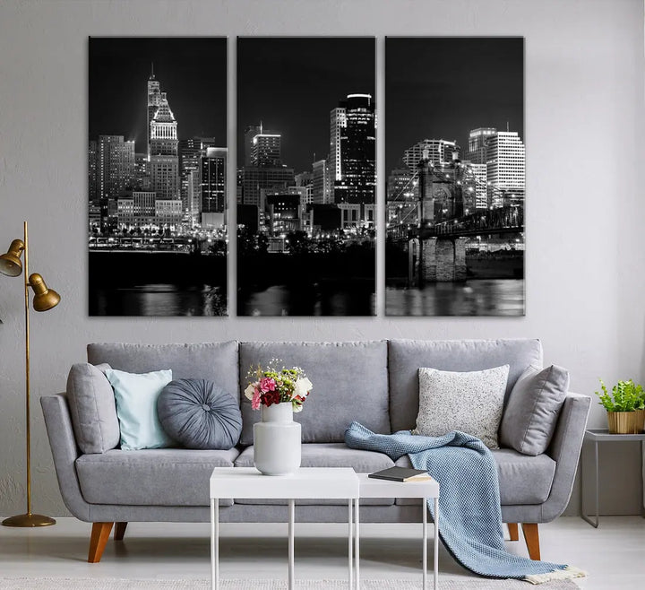 Large Cincinnati Night Skyline Wall Art Print Cityscape Canvas Wall Decor