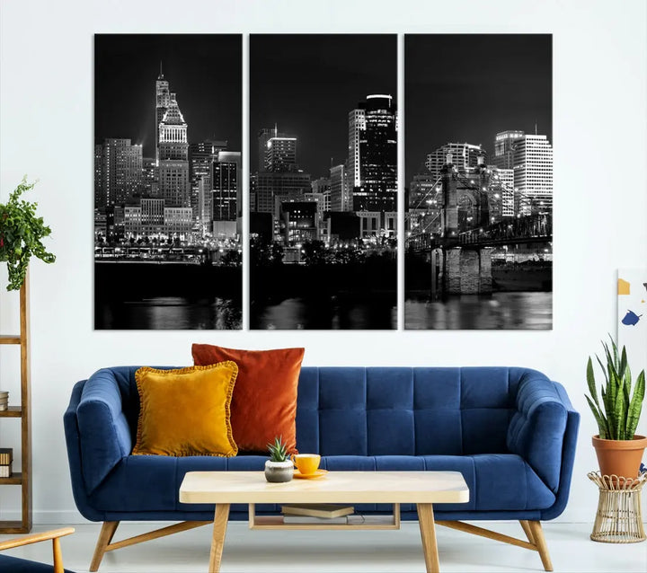 Large Cincinnati Night Skyline Wall Art Print Cityscape Canvas Wall Decor