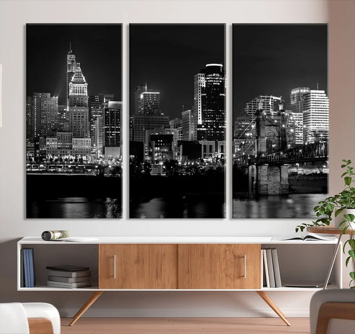 Large Cincinnati Night Skyline Wall Art Print Cityscape Canvas Wall Decor