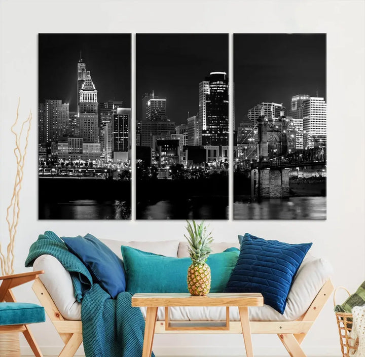 Large Cincinnati Night Skyline Wall Art Print Cityscape Canvas Wall Decor