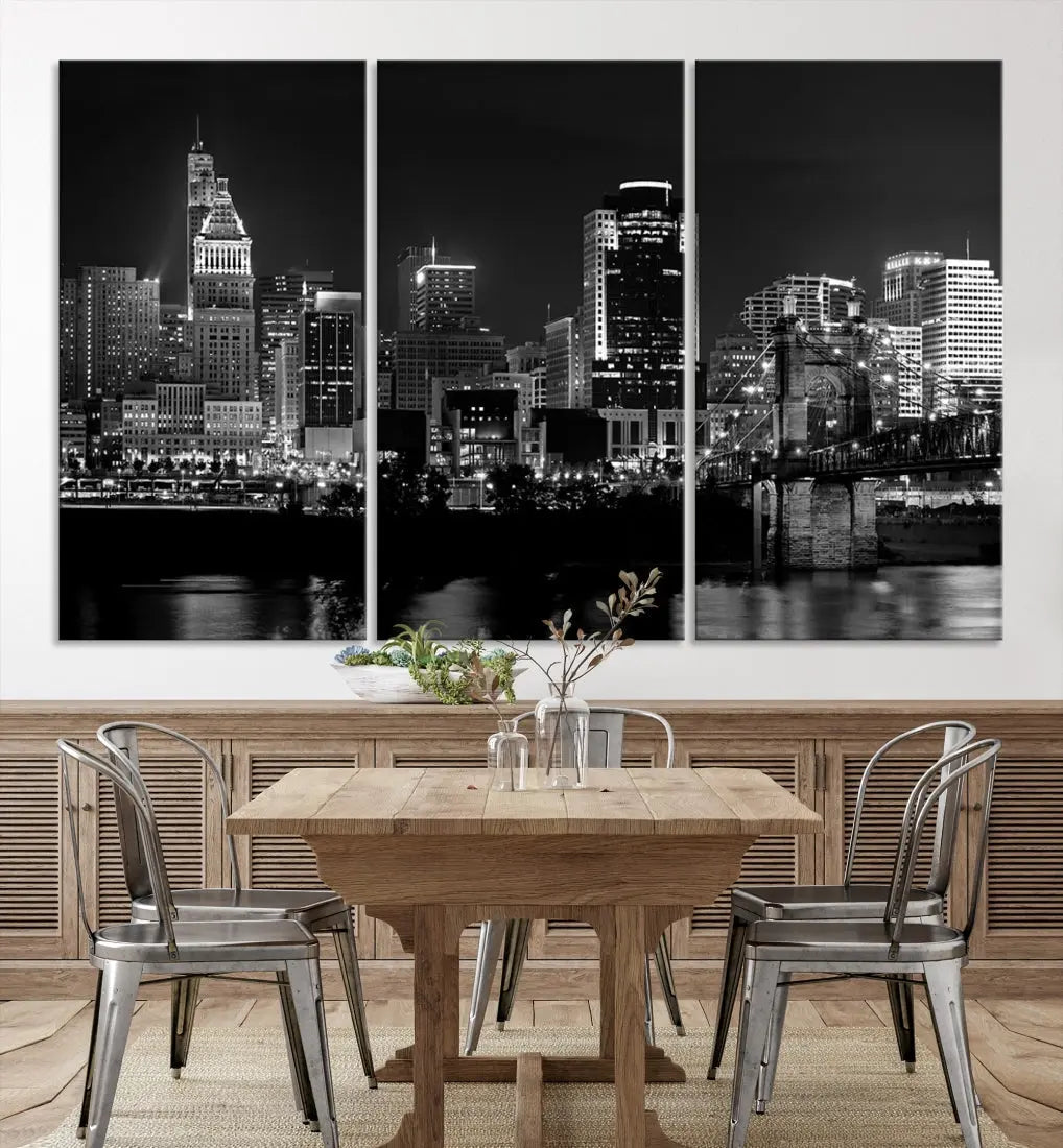 Large Cincinnati Night Skyline Wall Art Print Cityscape Canvas Wall Decor