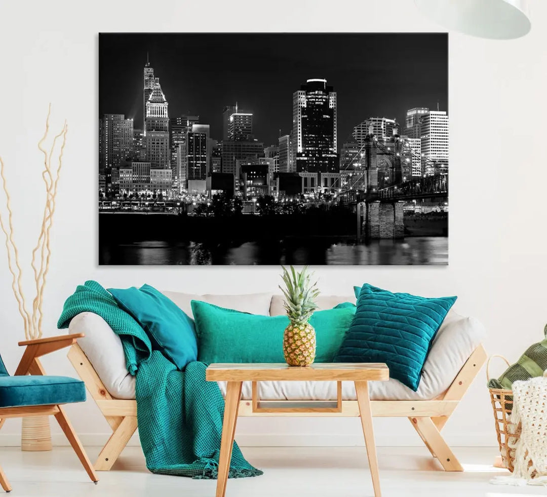 Large Cincinnati Night Skyline Wall Art Print Cityscape Canvas Wall Decor