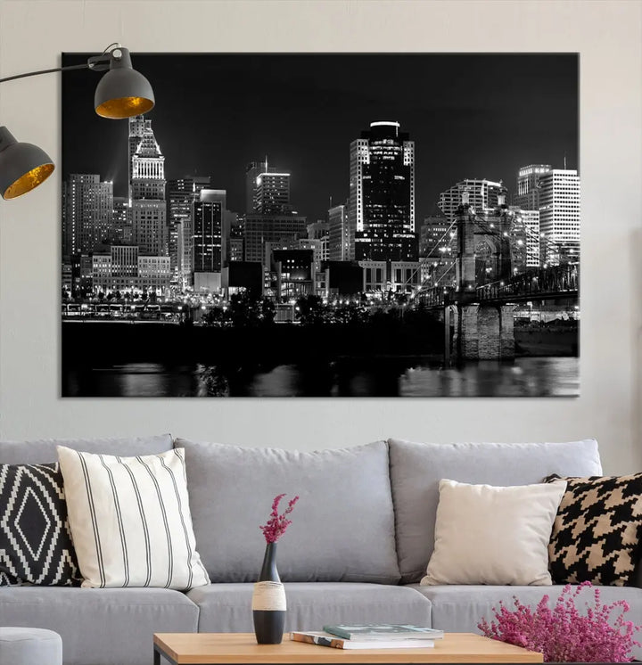 Large Cincinnati Night Skyline Wall Art Print Cityscape Canvas Wall Decor