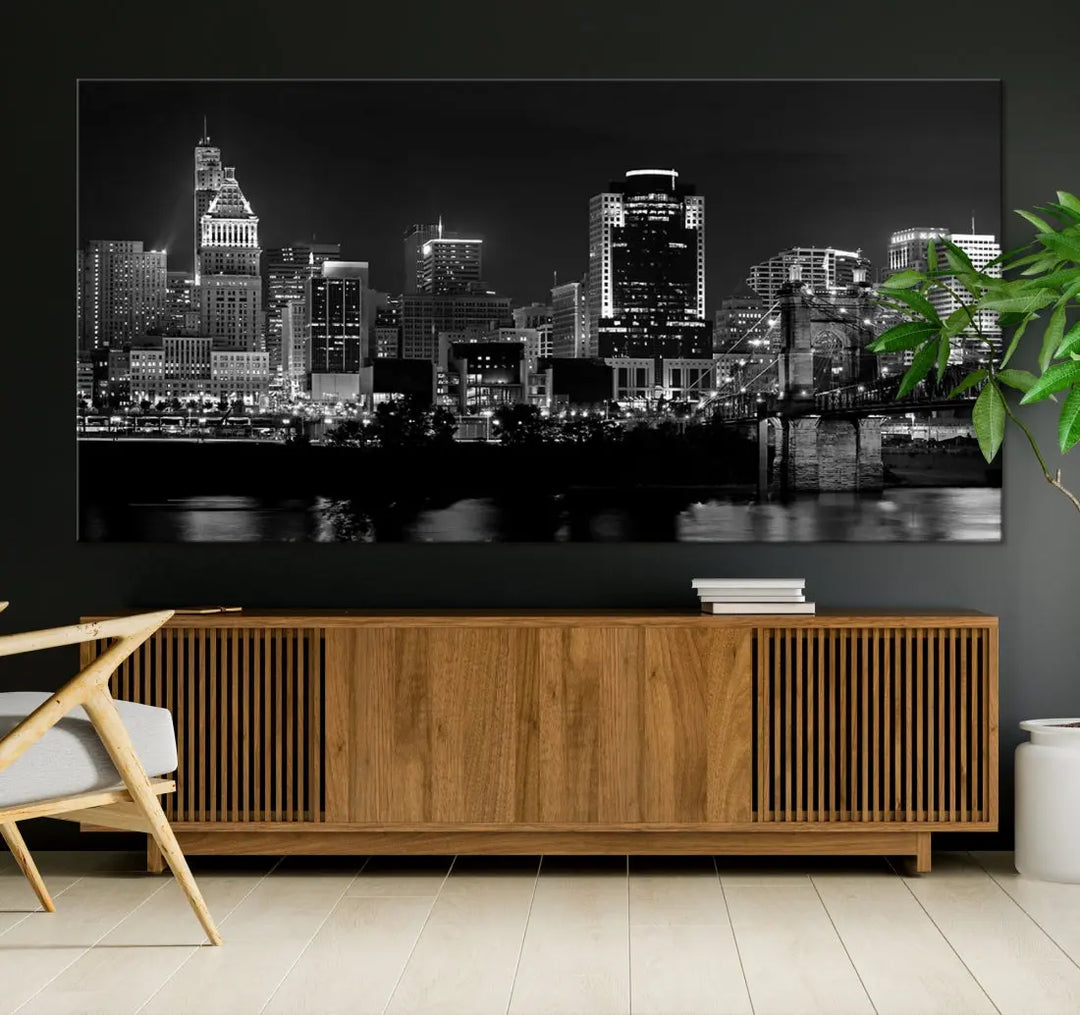 Large Cincinnati Night Skyline Wall Art Print Cityscape Canvas Wall Decor