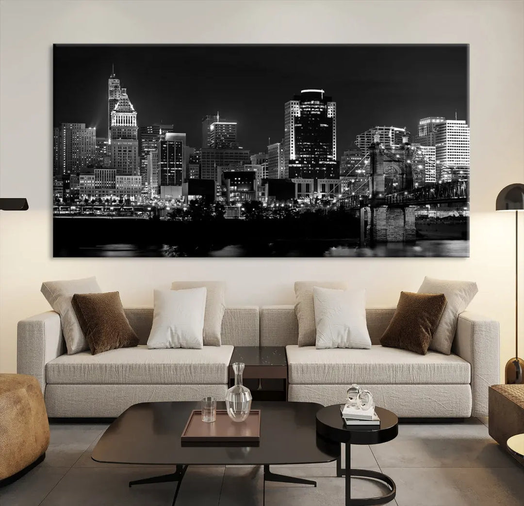 Large Cincinnati Night Skyline Wall Art Print Cityscape Canvas Wall Decor