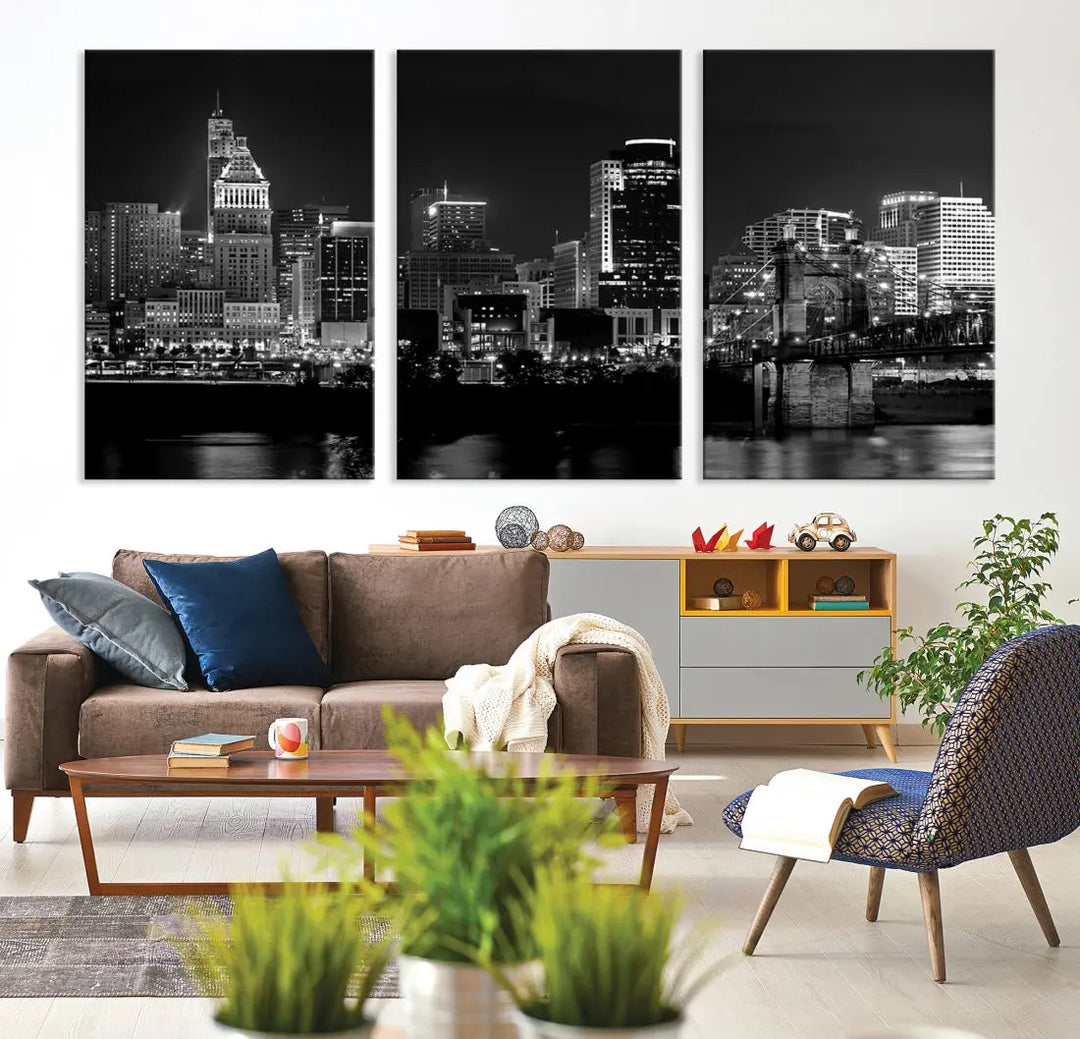 Large Cincinnati Night Skyline Wall Art Print Cityscape Canvas Wall Decor