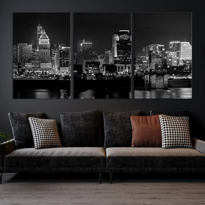 Large Cincinnati Night Skyline Wall Art Print Cityscape Canvas Wall Decor