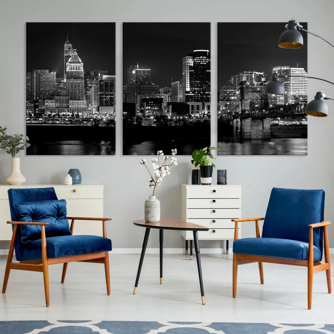 Large Cincinnati Night Skyline Wall Art Print Cityscape Canvas Wall Decor