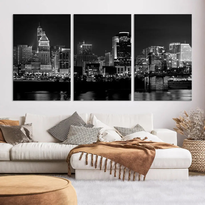 Large Cincinnati Night Skyline Wall Art Print Cityscape Canvas Wall Decor