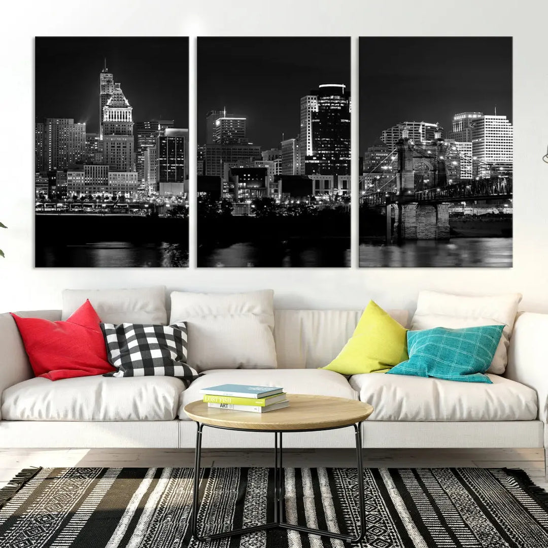 Large Cincinnati Night Skyline Wall Art Print Cityscape Canvas Wall Decor