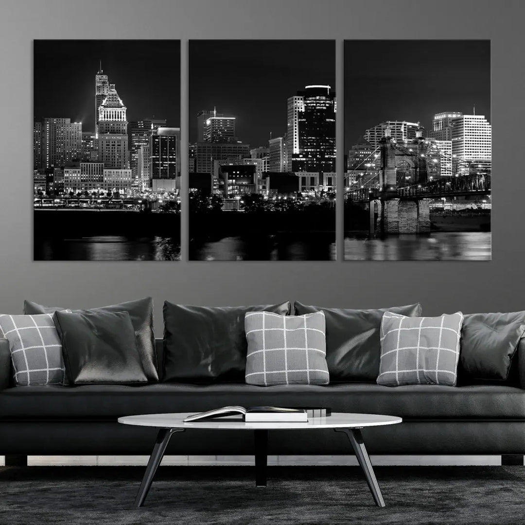 Large Cincinnati Night Skyline Wall Art Print Cityscape Canvas Wall Decor