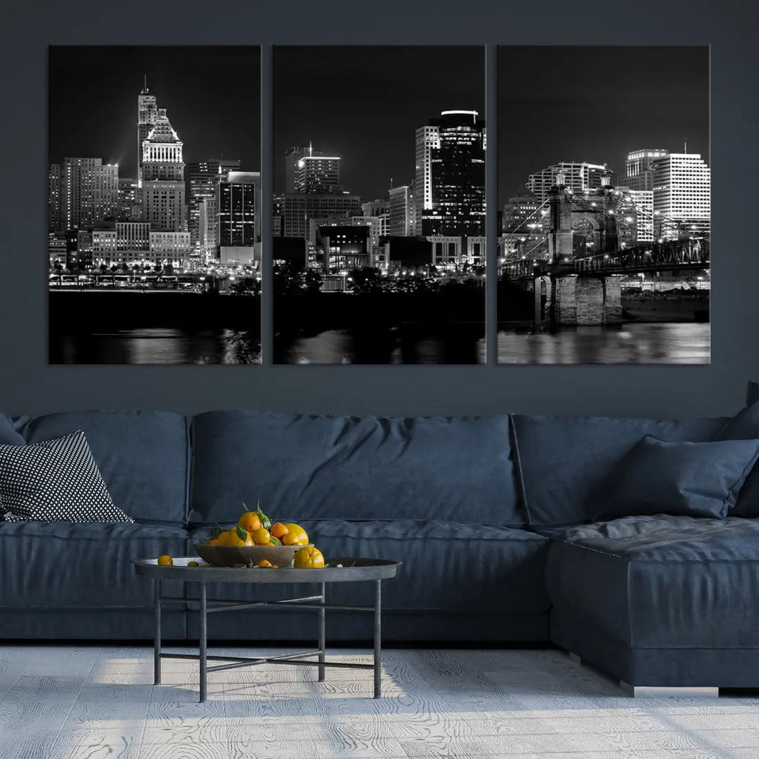 Large Cincinnati Night Skyline Wall Art Print Cityscape Canvas Wall Decor