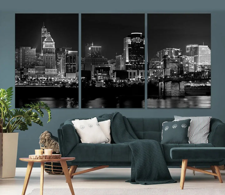 Large Cincinnati Night Skyline Wall Art Print Cityscape Canvas Wall Decor